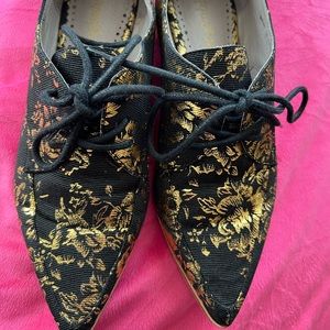 FarylRobin Anthropologie Gilded Rosebloom Oxfords gold floral flats